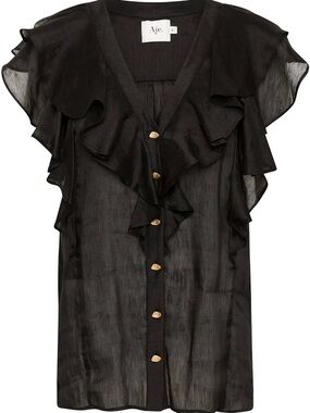 Aje Black Sheer Ruffle Blouse with Gold Buttons
